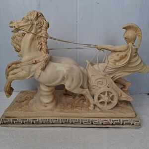 Classic Roman Soldeir Chariot & Horses Marble Sculpture